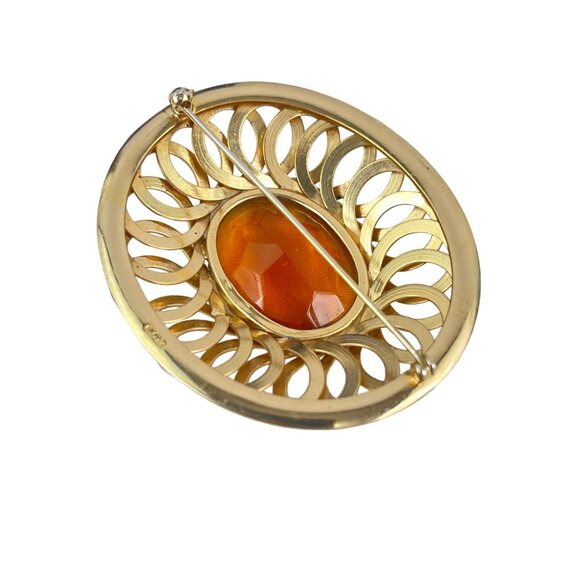 Napier Vintage GoldT one Brooch With Amber Gemstone Intricate Filigree Design Ov - Picture 3 of 5